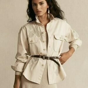 Polo Ralph Lauren Silver Beaded Cotton Twill Shirt Cream XS Western Style